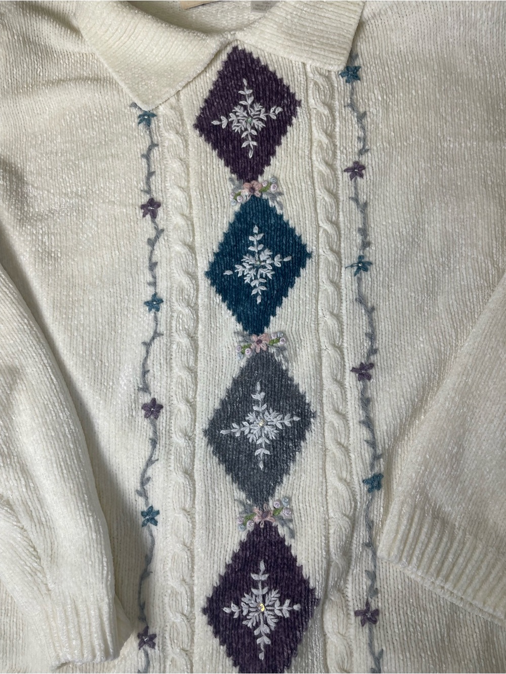 Alfred Dunner Cream Cable Fair Isle Crew Sweater with Blue & Purple Diamonds